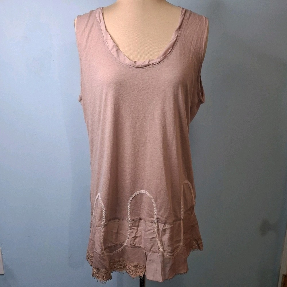 Monoreno Womens Rose Pink Lightweight Embroidered Tunic Tank Top Lagenlook Large
